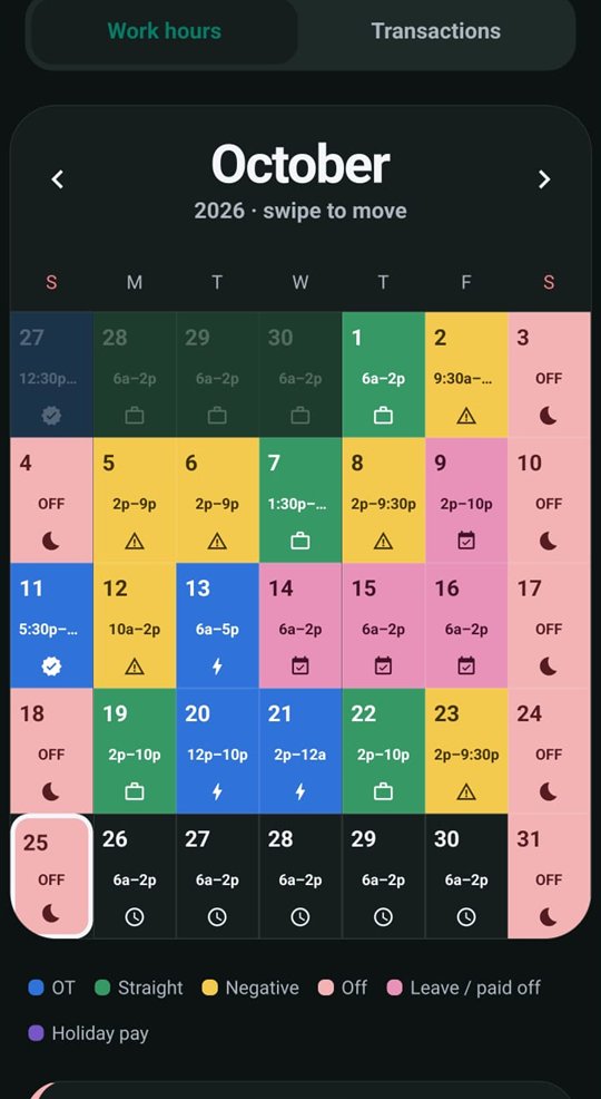 FinBuddy work-hours calendar showing shifts, overtime, leave and days off for October