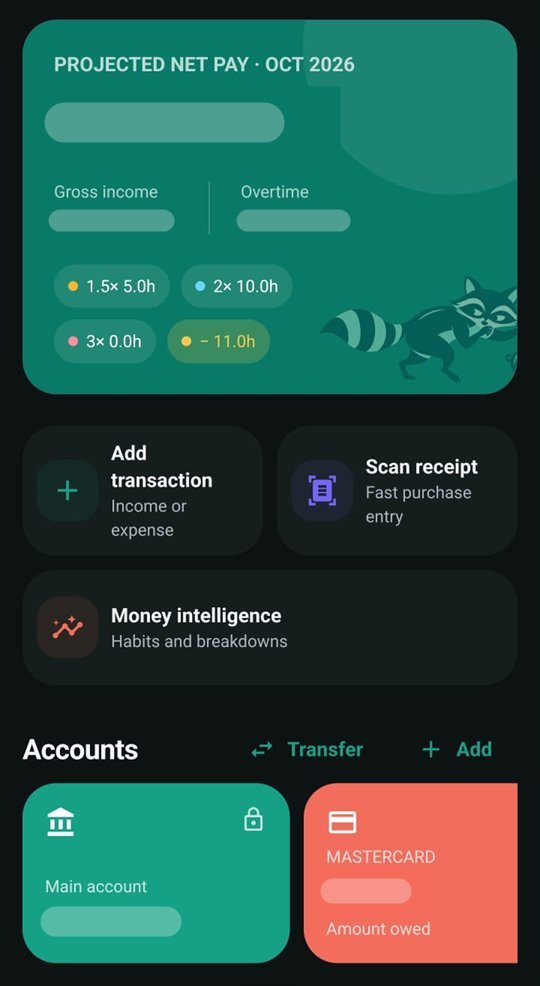 FinBuddy overview screen with projected net pay, overtime, quick actions and account balances
